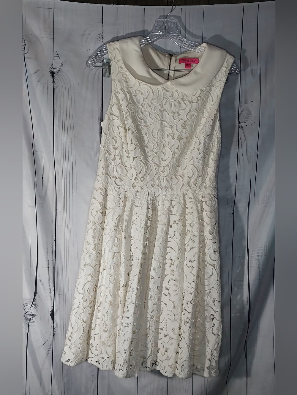 Betsey Johnson Cream Lace Coquette Fit-and-Flare Dress with Peter Pan Collar